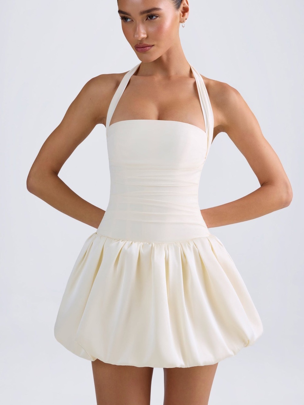 Oh Polly Cream Halter Bubble Hem Mini Dress